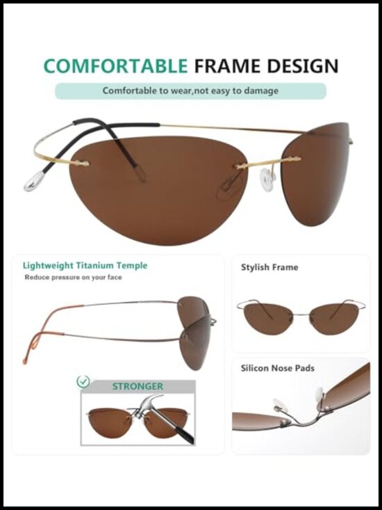 Rimless Titanium Frame Polarized Sunglasses UV400 Protection Cat Eye